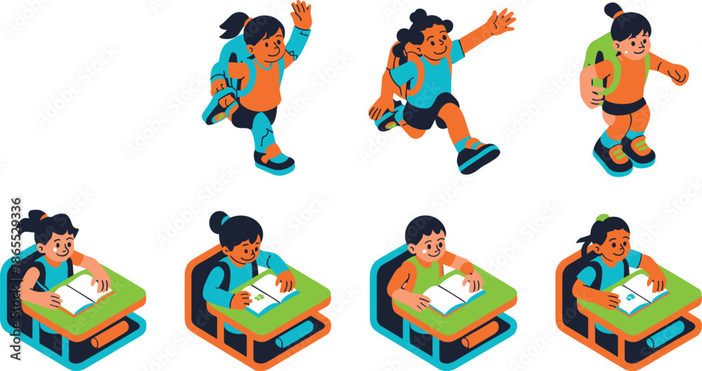 Fototapeta premium Isometric school children characters with backpacks running and studying at desks for back to school education vector set.