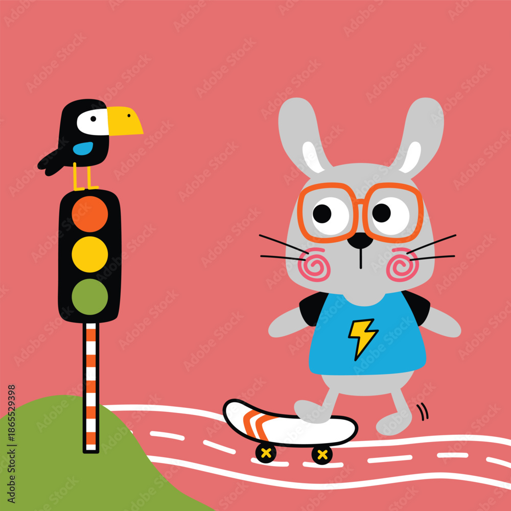 Fototapeta premium Playful rabbit character being illustrated skateboarding near traffic light outdoors. Kids activity concept 
