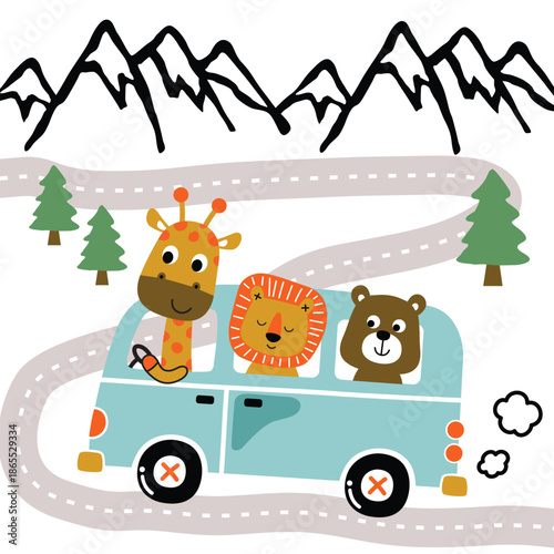 Cute animal characters being illustrated traveling together by car through mountains. Kids travel concept
