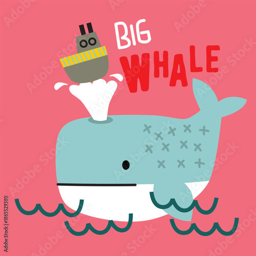 Big whale character being illustrated swimming with ship above water. Kids ocean concept
