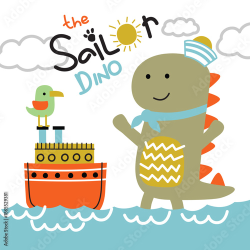 Cute dinosaur character being illustrated sailing boat across sunny ocean. Kids adventure concept
