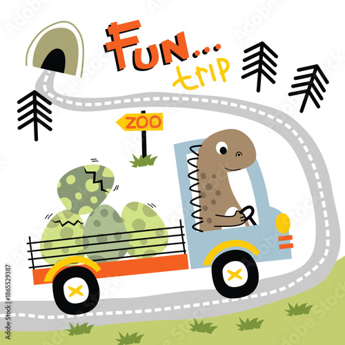 Cute animal characters being illustrated traveling by car for zoo trip. Kids travel concept
