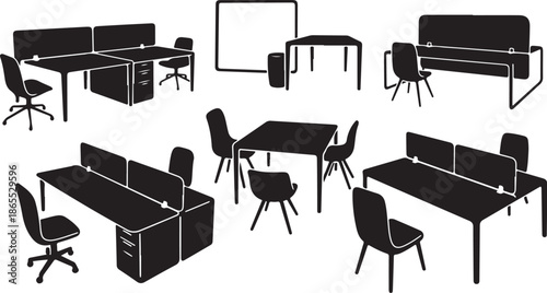 Office Furniture Illustration Set with Desks and Chairs