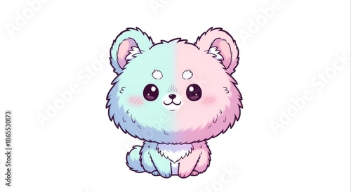 Charming and adorable fluffy pastel creature with a gentle smile, featuring a unique split pink and blue design, perfect for children's themes and cute projects