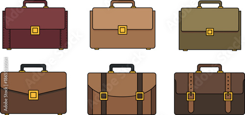 Professional set of executive briefcase icons featuring leather office bags with various metal buckles and colorful business portfolio designs.