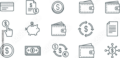 Professional set of finance and banking line icons featuring credit card wallet piggy bank currency exchange and dollar coins.