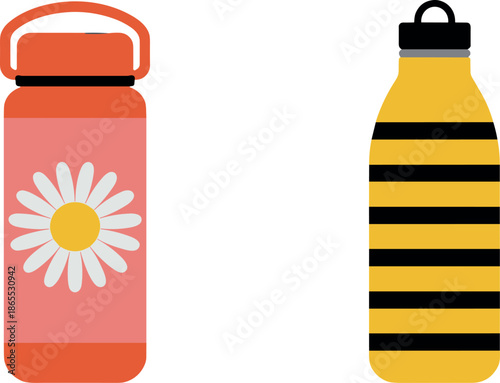 Reusable water bottle vector set featuring a pink thermos with daisy flower and a yellow striped sports flask, isolated on white background.