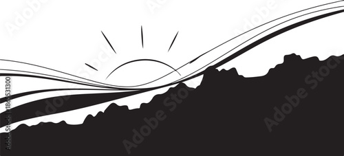 Minimalist mountain landscape at sunrise with abstract lines