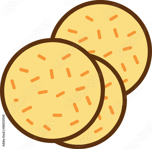 Simple vector illustration of three round crunchy cookies or crackers with sprinkles isolated on white background for snacks.
