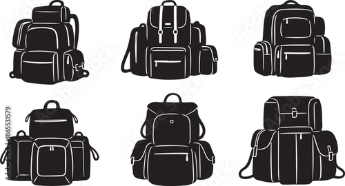 Collection of various black backpacks and bags