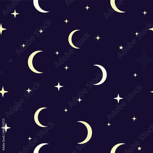 Celestial seamless pattern: crescent moons and twinkling stars on deep blue night sky background.