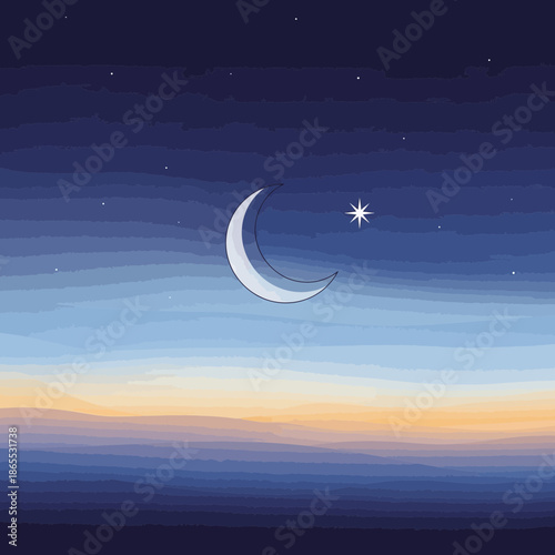 Crescent moon and star over a serene, gradient twilight sky with subtle horizon.