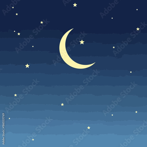 Crescent Moon and Stars in a Starry Night Sky