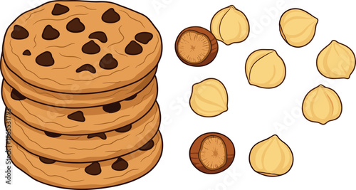 Stack of chocolate chip cookies with scattered hazelnuts vector illustration isolated on white background for bakery and sweets.