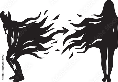 Silhouette of woman and her fiery alter ego standing apart