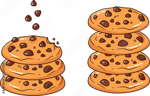 Stacks of chocolate chip cookies with falling chips and a bitten cookie vector illustration isolated on white background.