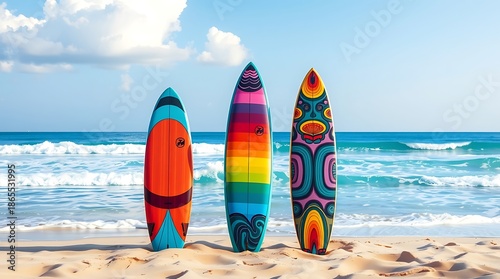 Colorful Surfboards on Sandy Beach with Ocean Waves