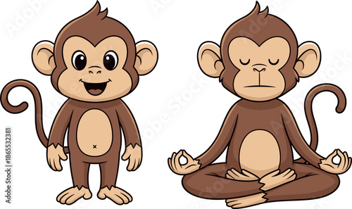 Title (18 Words) Cute cartoon monkey character set with standing and meditating yoga poses vector illustration isolated on white background.