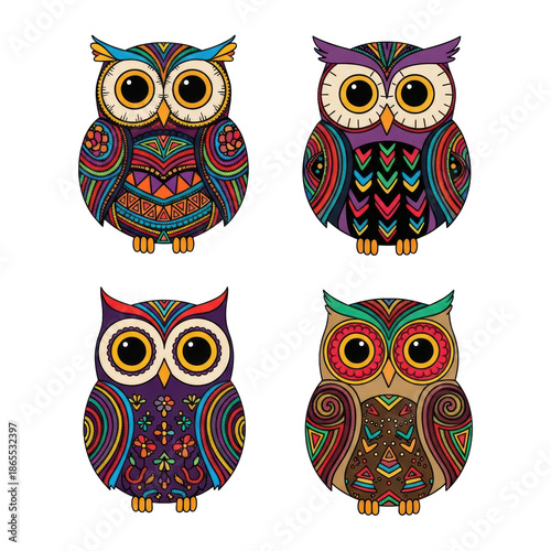 four highly stylized vector owls adorned with vibrant folk art patterns (otomi, scandinavian), flat design, isolated on a transparent background. concept of decorative ethnic illustration