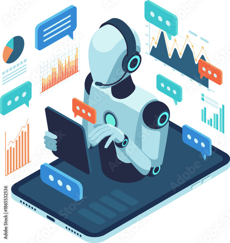 Isometric AI Customer Support Robot Assisting User