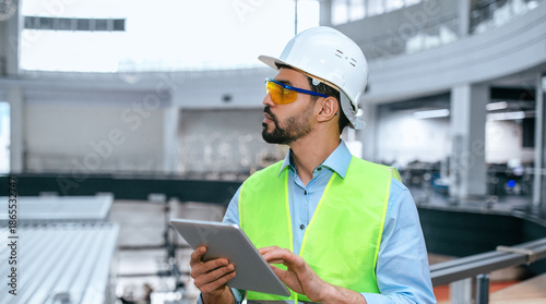 Fotografie A worker in a hard hat and safety vest stands in a factory, using a tablet to monitor tasks while observing equipment