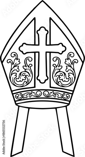 Minimalist Black Outline Bishop Mitre with Prominent Central Cross and Ornate Filigree Ribbons Line Art Vector