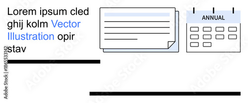Business planning, time management, task tracking, document organization, annual scheduling, productivity strategies. A calendar labeled Annual, a text document. Business planning and time management