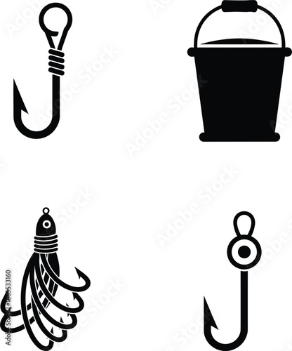 Fishing equipment vector icon set featuring sharp hooks metal bucket and lure for outdoor sport and angling hobby branding.