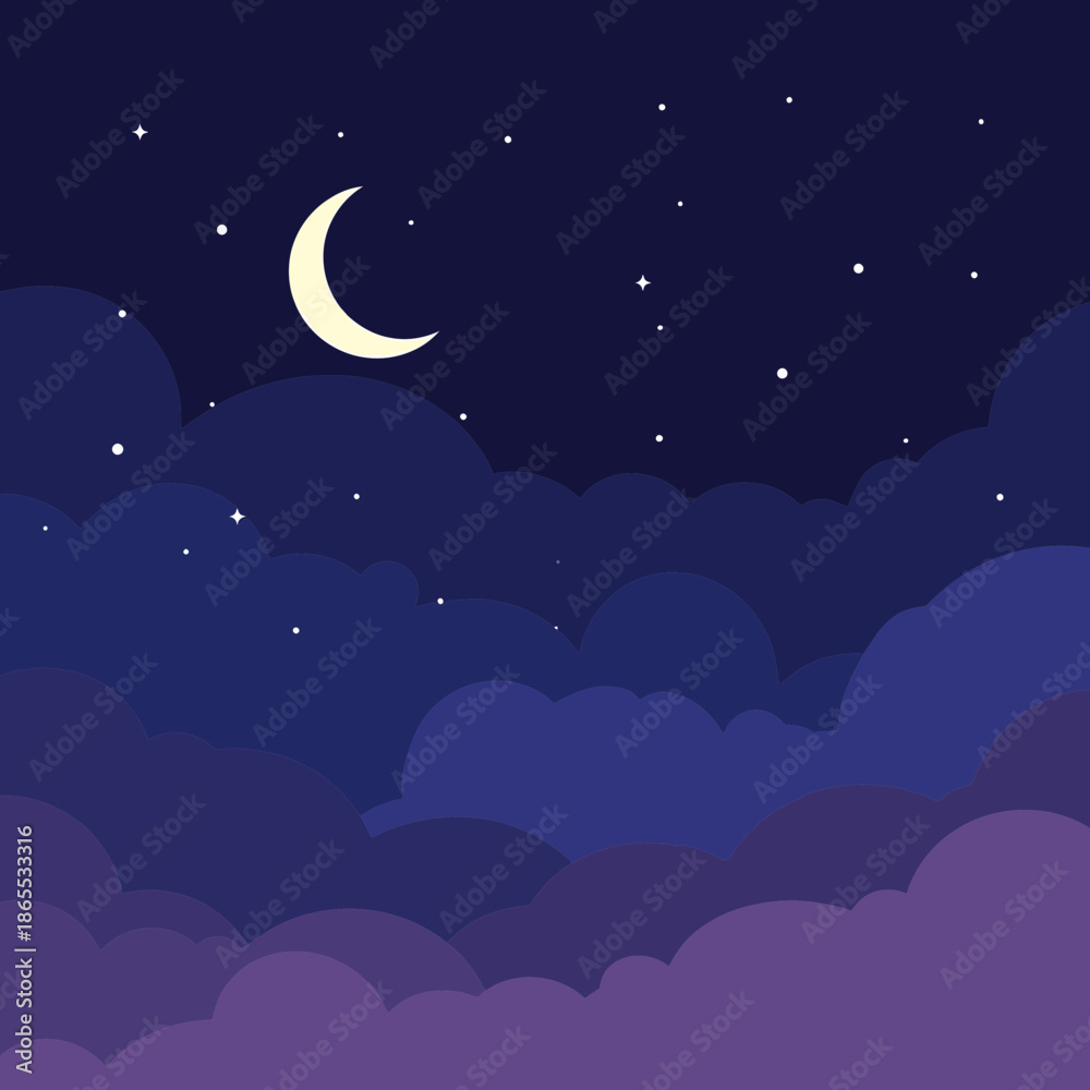 Naklejka premium Night Sky Crescent Moon and Stars Above Clouds