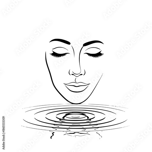 minimalist line art face with ripples, representing calmness, reflection, and inner peace