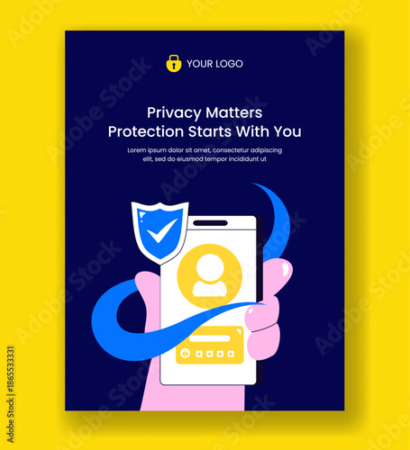 Vertical Poster Illustration Featuring Data Privacy and Cyber Security Flat Cartoon Hand Drawn Art