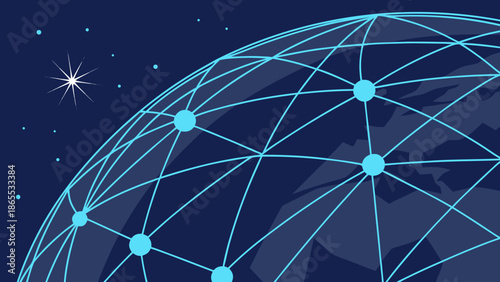 Futuristic global digital network visualization with glowing blue nodes and interconnected lines over dark gradient background