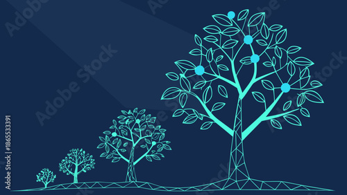 Futuristic Tree Growth Stages Digital Illustration Eco Innovation Green Tech Concept