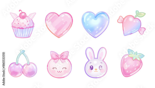 Whimsical collection of soft pastel illustrations featuring cute dessert, fruit, and heart designs with a dreamy, glossy finish, perfect for sweet and charming creative projects
