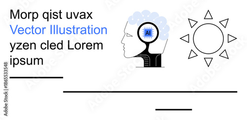 Artificial intelligence, machine learning, technology innovation, cognitive processes, digital transformation, futuristic ideas. Human head with circuit brain icon next to a sun symbol. Artificial