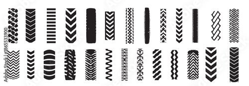 Collection of Black Tire Tracks on White Background. Concept of Automotive Icon, Vehicle Prints, Track Marks, Wheel Patterns. Design Element, Illustration Set