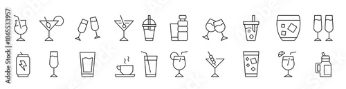 Collection of Outline Symbols of Alcoholic Drink, Energy Drink, Soft Drinks Drawn with Thin Line for apps, web sites, banners, infographics and other types of design