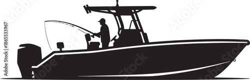 High-Contrast Black and White Silhouette of a Sport Fishing Boat Creating a Wake, Flat Vector Illustration