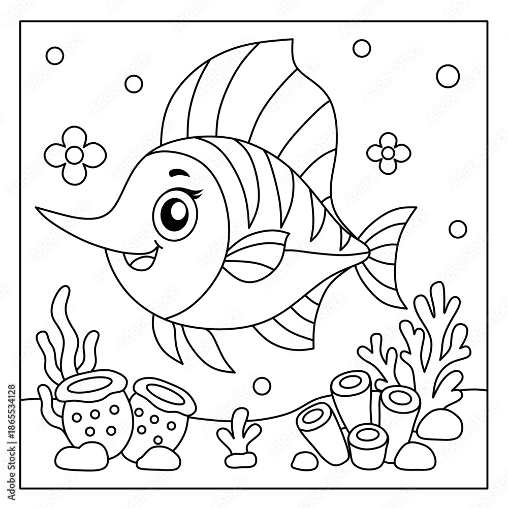 Fototapeta premium cute swordfish cartoon in underwater world background for kids coloring book