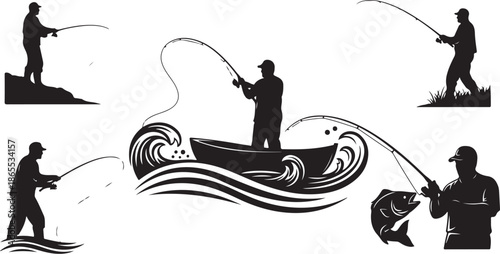 set of silhouettes of boats man fishing on the river