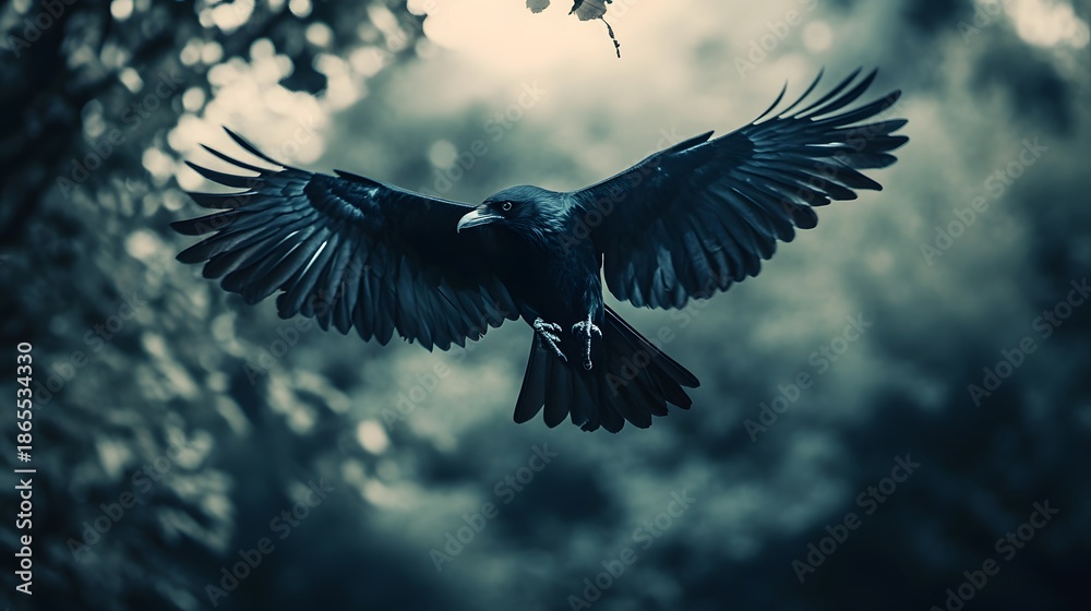 Obraz premium A black crow in flight with its wings spread wide against a blurred background of green foliage.