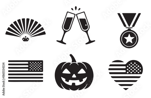 Patriotic, Halloween, and Celebration Icons in Black and White