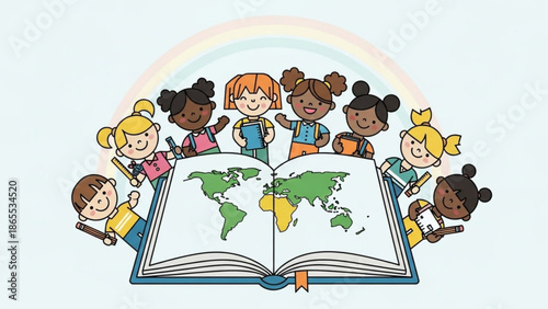 Diverse group of happy children from around the world standing around an open book with a colorful world map, learning and exploration concept for education and global