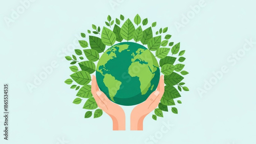 Hands cradling the earth surrounded by lush green leaves symbolizing environmental conservation and sustainability with ecology and planet and nature