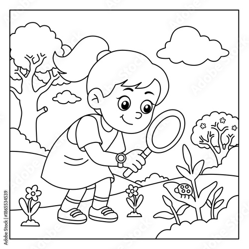 coloring pages for girls observing insects living in nature. educational illustrations for children's coloring books