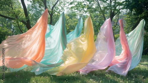 A symphony of pastelcolored fabrics sway in unison in a serene park backdrop.