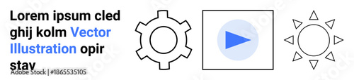 Gear symbol, play button in a circle, and sun outline for multimedia, technology, innovation, energy, creativity, education digital solutions. Ideal for tech content or simple landing page