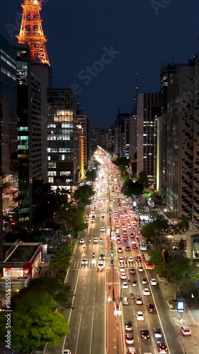 Night Paulista Avenue In Downtown City Sao Paulo Brazil. Aerial View Of A Bustling Downtown Cityscape With Modern Buildings. Building Landscape Company Building Amazing.
