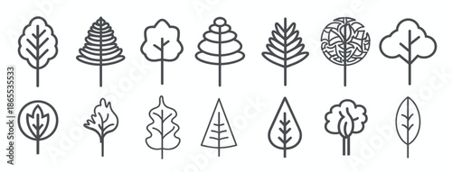 minimalistic tree icons in various geometric styles 