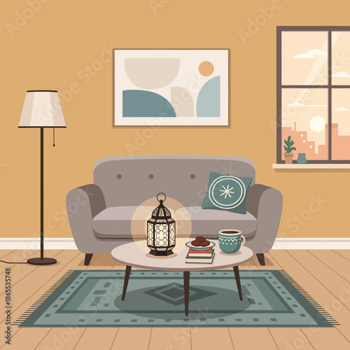 Cozy living room interior with sofa, coffee table, lamp, and window view